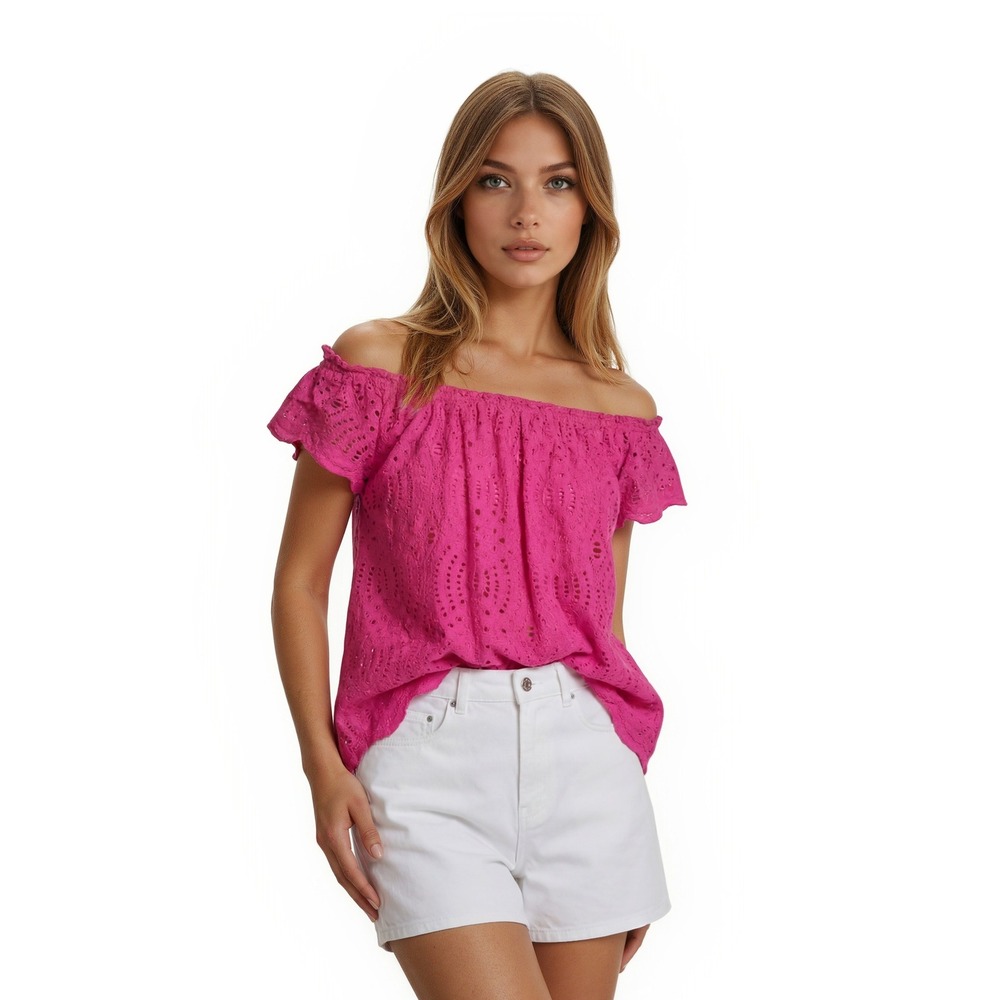 Lilly Pulitzer Blouse Top Women's Size Small Hot Pink Eyelet Lace Off Shoulder